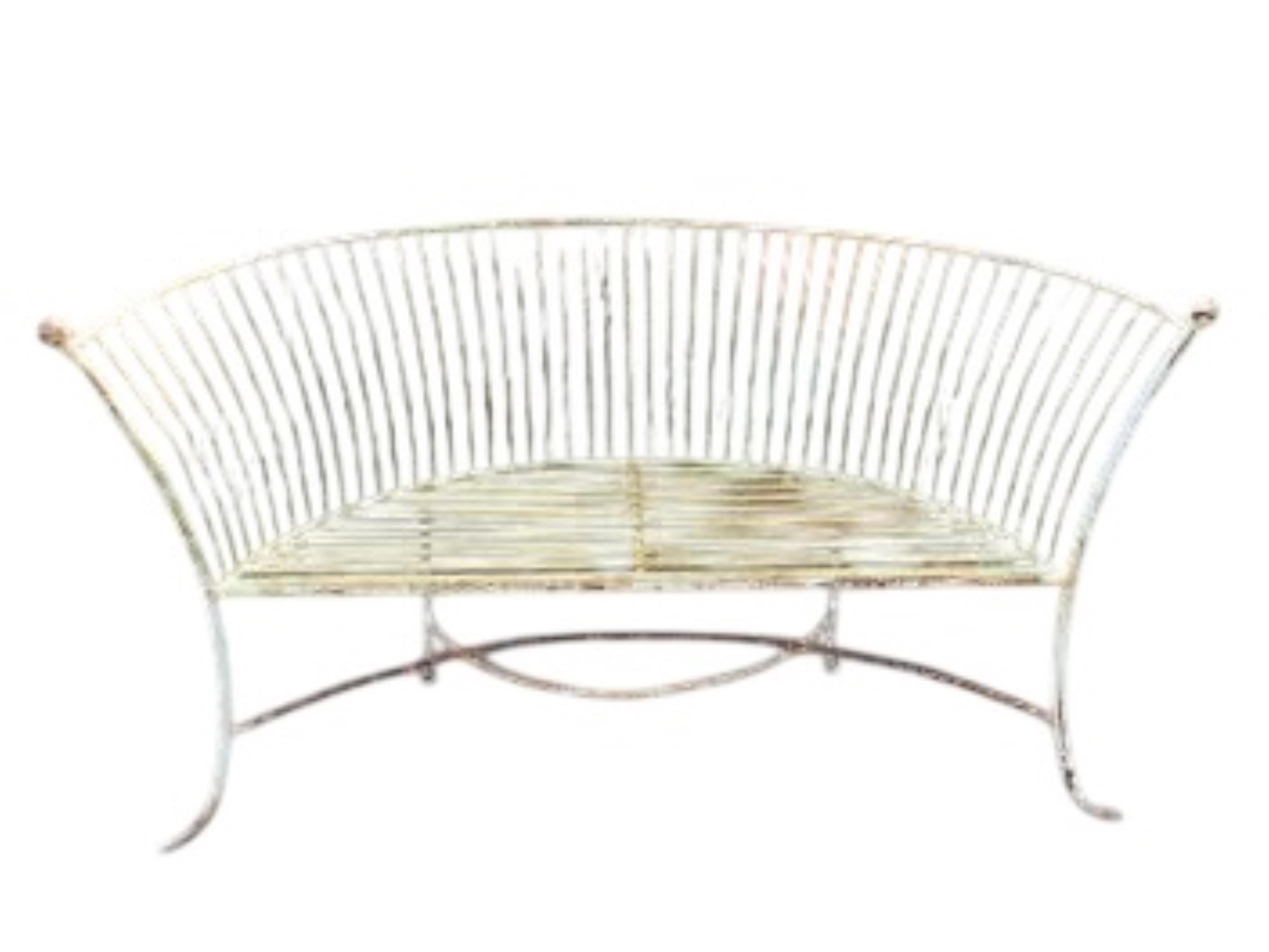 A painted wrought iron stick back garden bench, width 159cm, depth 55cm, height 91cm and a similar armchair